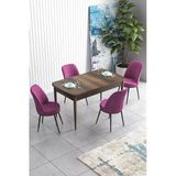 Canisa Concept Han Serisi 70X114, Açılabilir Mdf Mutfak Masa Takımı, Barok Ahşap Desen Masa ve 4 Sandalye - Mor