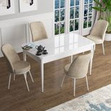 Canisa Concept Han Serisi 70X114, Açılabilir Mdf Mutfak Masa Takımı, Beyaz Masa ve 4 Sandalye - Krem