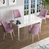 Canisa Concept Han Serisi 70X114, Açılabilir Mdf Mutfak Masa Takımı, Beyaz Masa ve 4 Sandalye - Pembe