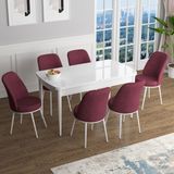 Canisa Concept Han Serisi 70X114, Açılabilir Mdf Mutfak Masa Takımı, Beyaz Masa ve 6 Sandalye - Bordo