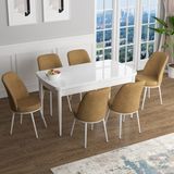 Canisa Concept Han Serisi 70X114, Açılabilir Mdf Mutfak Masa Takımı, Beyaz Masa ve 6 Sandalye - Cappuccino
