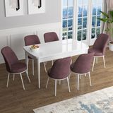 Canisa Concept Han Serisi 70X114, Açılabilir Mdf Mutfak Masa Takımı, Beyaz Masa ve 6 Sandalye - Gülkurusu