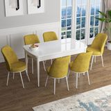 Canisa Concept Han Serisi 70X114, Açılabilir Mdf Mutfak Masa Takımı, Beyaz Masa ve 6 Sandalye - Hardal
