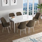 Canisa Concept Han Serisi 70X114, Açılabilir Mdf Mutfak Masa Takımı, Beyaz Masa ve 6 Sandalye - Kahverengi