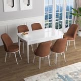 Canisa Concept Han Serisi 70X114, Açılabilir Mdf Mutfak Masa Takımı, Beyaz Masa ve 6 Sandalye - Kiremit