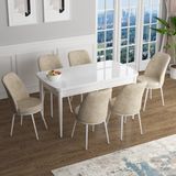 Canisa Concept Han Serisi 70X114, Açılabilir Mdf Mutfak Masa Takımı, Beyaz Masa ve 6 Sandalye - Krem