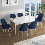 Canisa Concept Han Serisi 70X114, Açılabilir Mdf Mutfak Masa Takımı, Beyaz Masa ve 6 Sandalye - Lacivert