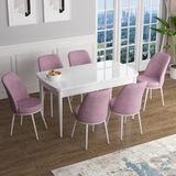 Canisa Concept Han Serisi 70X114, Açılabilir Mdf Mutfak Masa Takımı, Beyaz Masa ve 6 Sandalye - Pembe