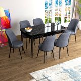 Canisa Concept Han Serisi 70X114, Açılabilir Mdf Mutfak Masa Takımı, Siyah Mermer Desen Masa ve 6 Sandalye - Füme