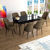 Canisa Concept Han Serisi 70X114, Açılabilir Mdf Mutfak Masa Takımı, Siyah Mermer Desen Masa ve 6 Sandalye - Kahverengi