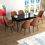 Canisa Concept Han Serisi 70X114, Açılabilir Mdf Mutfak Masa Takımı, Siyah Mermer Desen Masa ve 6 Sandalye - Kiremit