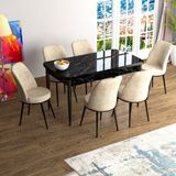 Canisa Concept Han Serisi 70X114, Açılabilir Mdf Mutfak Masa Takımı, Siyah Mermer Desen Masa ve 6 Sandalye - Krem