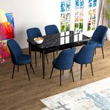 Canisa Concept Han Serisi 70X114, Açılabilir Mdf Mutfak Masa Takımı, Siyah Mermer Desen Masa ve 6 Sandalye - Lacivert