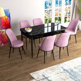 Canisa Concept Han Serisi 70X114, Açılabilir Mdf Mutfak Masa Takımı, Siyah Mermer Desen Masa ve 6 Sandalye - Pembe