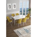 Canisa Concept Han Serisi 70x114 Açılabilir MDF Mutfak Masası Takımı, Beyaz Masa, 6 Hardal Sarısı Sandalye