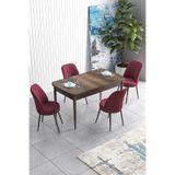 Canisa Concept Han Serisi 70x114 Açılabilir Mutfak Masa Takımı, Barok Ahşap Desen Masa, 4 Bordo Sandalye