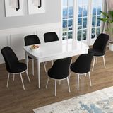 Canisa Concept Han Serisi 70x114 cm Beyaz Masa ve 6 Siyah Sandalye Açılabilir Mdf Mutfak Masası