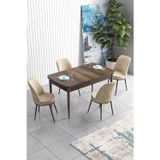 Canisa Concept Han Serisi, Barok Ahşap Desen 70X114 Açılabilir Mdf Mutfak Masa Takımı, 4 Krem Sandalye