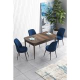 Canisa Concept Han Serisi, Barok Ahşap Desen 70X114 Açılabilir Mdf Yemek Masası Takımı, 4 Lacivert Sandalye