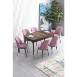 Canisa Concept Han Serisi, Barok Ahşap Desen 70X114, Açılabilir Mdf Yemek Odası Takımı, 6 Pembe Sandalye