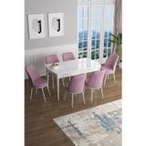Canisa Concept Han Serisi, Beyaz 70X114 Açılabilir Mdf Yemek Odası Takımı, 6 Pembe Sandalye