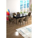 Canisa Concept Han Serisi, Siyah Mermer Desen 70X114, Açılabilir Mdf Mutfak Masa Takımı, 6 Kahve Sandalye