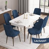 Canisa Concept Iza Serisi, 80 X 132 cm Açılabilir Mdf Beyaz Masa Ceviz Ayak Mutfak Masa Takımı, 6 Sandalye - 80 x132 cm - Lacivert