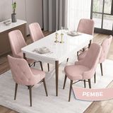 Canisa Concept Iza Serisi, 80 X 132 cm Açılabilir Mdf Beyaz Masa Ceviz Ayak Mutfak Masa Takımı, 6 Sandalye - 80 x132 cm - Pembe