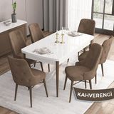 Canisa Concept Iza Serisi 80 x 132 cm Açılabilir Mdf Beyaz Masa Ceviz Ayak Mutfak Masa Takımı 6 Sandalye - 80x132 - Kahverengi
