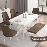 Canisa Concept Iza Serisi, 80 x 132 cm Açılabilir Mdf Masa, Beyaz Mutfak Masa Takımı, 4 Sandalye 1 Bench - Kahverengi