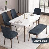 Canisa Concept Iza Serisi, 80 x 132 cm Mdf Beyaz Masa Ceviz Ayak Mutfak Masa Takımı, 4 Sandalye 1 Bench - Antrasit