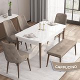 Canisa Concept Iza Serisi, 80 x 132 cm Mdf Beyaz Masa Ceviz Ayak Mutfak Masa Takımı, 4 Sandalye 1 Bench - Cappuccino