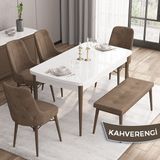 Canisa Concept Iza Serisi, 80 x 132 cm Mdf Beyaz Masa Ceviz Ayak Mutfak Masa Takımı, 4 Sandalye 1 Bench - Kahverengi