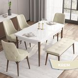 Canisa Concept Iza Serisi, 80 x 132 cm Mdf Beyaz Masa Ceviz Ayak Mutfak Masa Takımı, 4 Sandalye 1 Bench - Krem