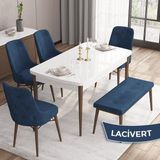 Canisa Concept Iza Serisi, 80 x 132 cm Mdf Beyaz Masa Ceviz Ayak Mutfak Masa Takımı, 4 Sandalye 1 Bench - Lacivert