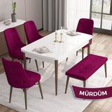 Canisa Concept Iza Serisi, 80 x 132 cm Mdf Beyaz Masa Ceviz Ayak Mutfak Masa Takımı, 4 Sandalye 1 Bench - Mürdüm