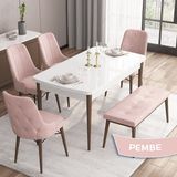 Canisa Concept Iza Serisi, 80 x 132 cm Mdf Beyaz Masa Ceviz Ayak Mutfak Masa Takımı, 4 Sandalye 1 Bench - Pembe
