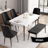Canisa Concept Iza Serisi, 80 x 132 cm Mdf Beyaz Masa Ceviz Ayak Mutfak Masa Takımı, 4 Sandalye 1 Bench - Siyah