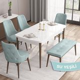 Canisa Concept Iza Serisi, 80 x 132 cm Mdf Beyaz Masa Ceviz Ayak Mutfak Masa Takımı, 4 Sandalye 1 Bench - Su Yeşili