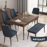 Canisa Concept Iza Serisi, 80 x 132 cm Mdf Masa, Barok Ahşap Desen Mutfak Masa Takımı, 4 Sandalye 1 Bench - Antrasit