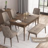 Canisa Concept Iza Serisi, 80 x 132 cm Mdf Masa, Barok Ahşap Desen Mutfak Masa Takımı, 4 Sandalye 1 Bench - Cappuccino
