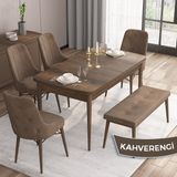 Canisa Concept Iza Serisi, 80 x 132 cm Mdf Masa, Barok Ahşap Desen Mutfak Masa Takımı, 4 Sandalye 1 Bench - Kahverengi