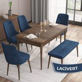 Canisa Concept Iza Serisi, 80 x 132 cm Mdf Masa, Barok Ahşap Desen Mutfak Masa Takımı, 4 Sandalye 1 Bench - Lacivert