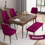Canisa Concept Iza Serisi, 80 x 132 cm Mdf Masa, Barok Ahşap Desen Mutfak Masa Takımı, 4 Sandalye 1 Bench - Mürdüm