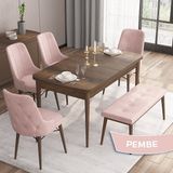Canisa Concept Iza Serisi, 80 x 132 cm Mdf Masa, Barok Ahşap Desen Mutfak Masa Takımı, 4 Sandalye 1 Bench - Pembe