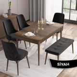 Canisa Concept Iza Serisi, 80 x 132 cm Mdf Masa, Barok Ahşap Desen Mutfak Masa Takımı, 4 Sandalye 1 Bench - Siyah