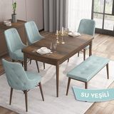 Canisa Concept Iza Serisi, 80 x 132 cm Mdf Masa, Barok Ahşap Desen Mutfak Masa Takımı, 4 Sandalye 1 Bench - Su Yeşili