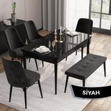 Canisa Concept Iza Serisi , 80 x 132 cm Mdf Siyah Mermer Desen Mutfak Masa Takımı, 4 Sandalye ve 1 Bench