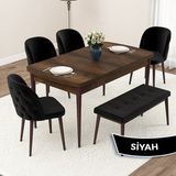 Canisa Concept Jae Serisi Açılabilir 80X132 Barok Ahşap Desen Mutfak Masası Takımı ve 4 Sandalye 1 Bench - Siyah
