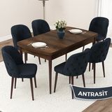 Canisa Concept Jae Serisi Açılabilir 80X132 Barok Ahşap Desen Mutfak Masası Takımı ve 6 Sandalye - Antrasit